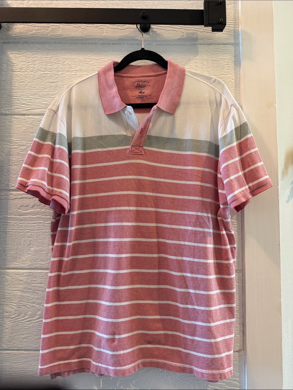 Bass Pink and White Striped Polo with Gray Accent